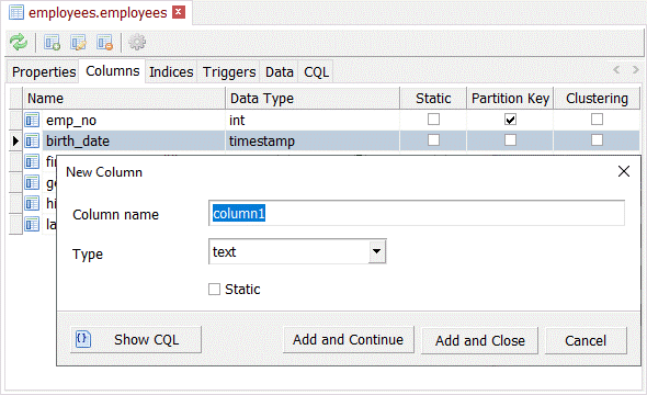 Table Editor - edit column dialog