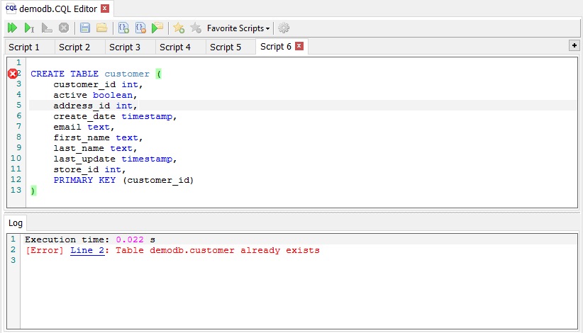 CQL Editor error statement